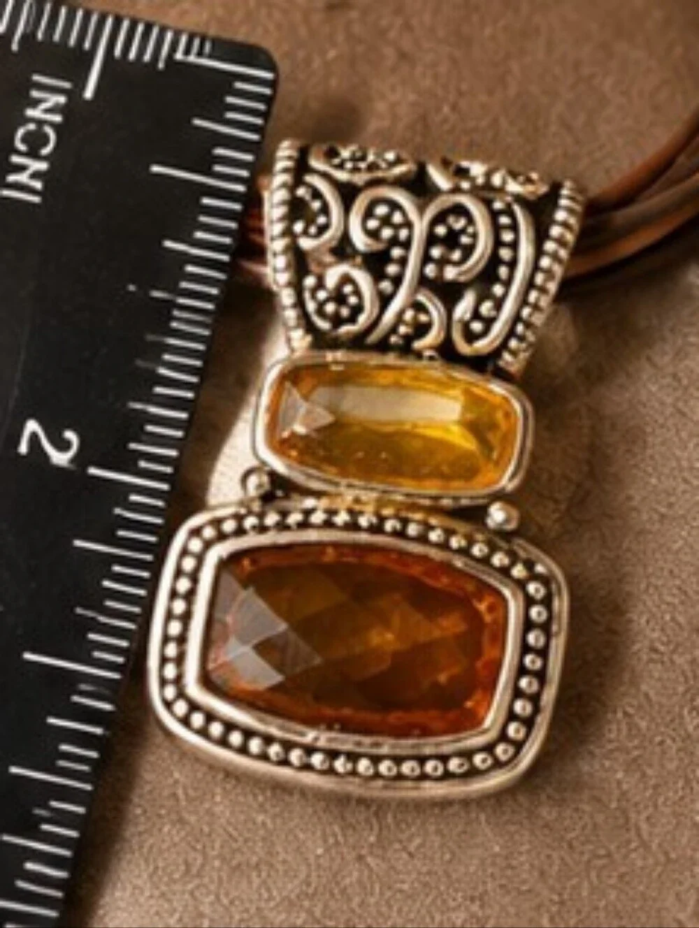 Vintage Cookie Lee Multi Strand Faux Leather Necklace Amber Glass Pendant Boho